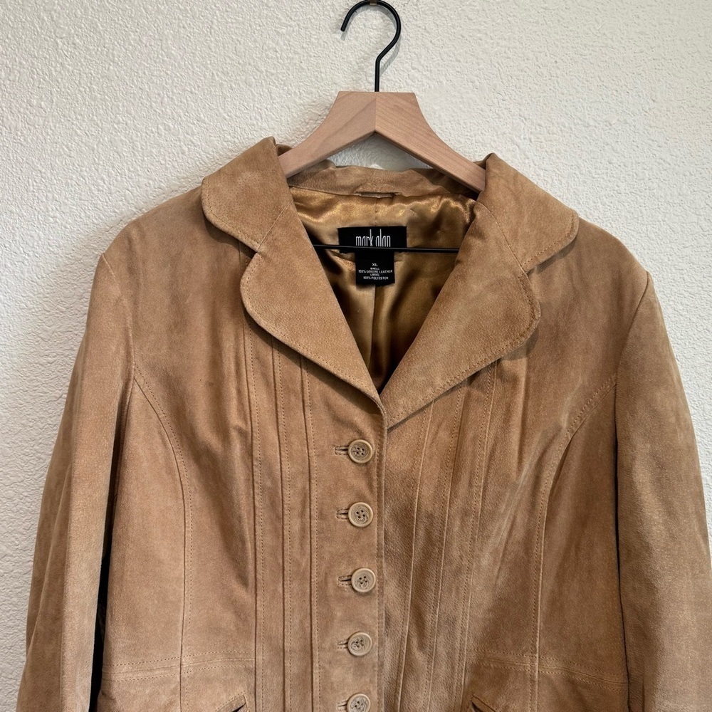 VTG 90s Alan Women's Tan Suede Leather Jacket Blazer Pockets Lined Academia - Picture 2 of 9